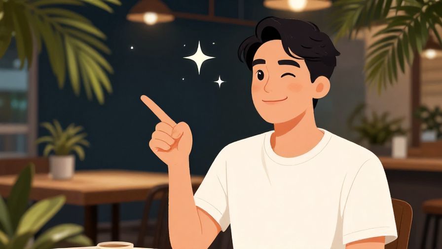 Illustration of a person playfully pointing with a cheeky grin, casual outdoor cafe background with stars and palm leaves