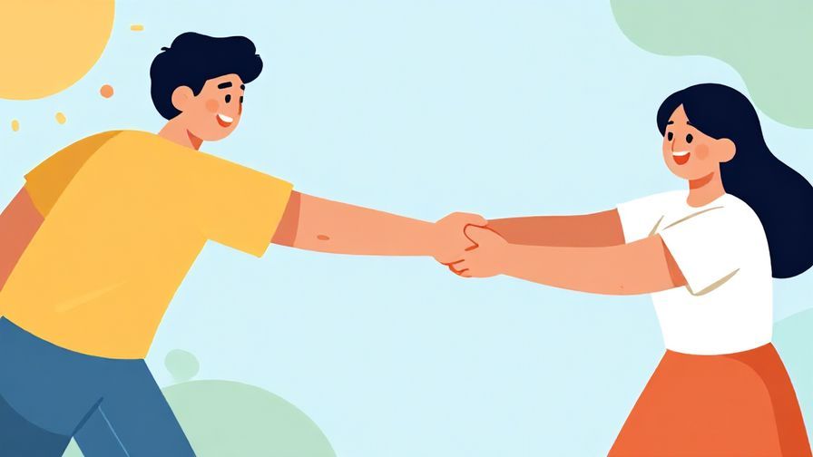 Illustration of a person playfully tugging a friend’s sleeve, bright and cheerful atmosphere