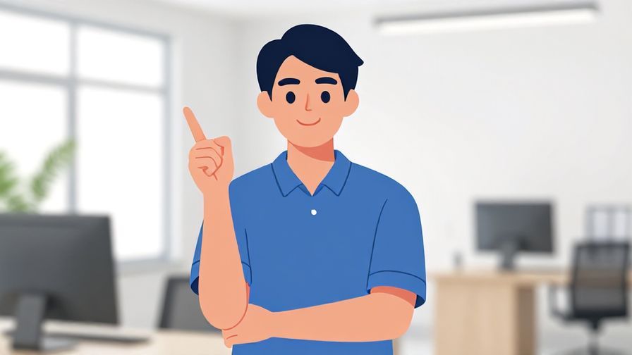 Illustration of a person pointing affirmatively with a confident smile in a bright office environment