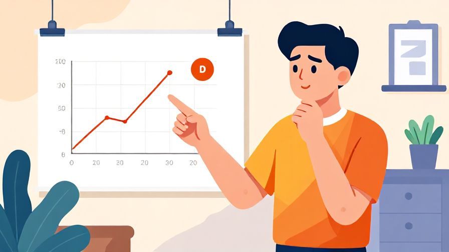 Illustration of a person pointing at a chart or plan, thoughtful expression, modern workspace background, vibrant colors