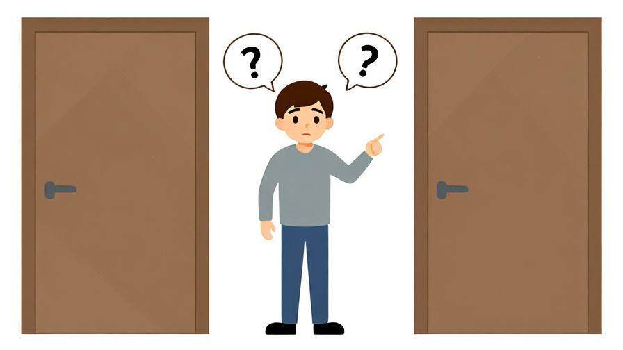 Illustration of a person pointing confusedly between two doors or paths, with a questioning facial expression
