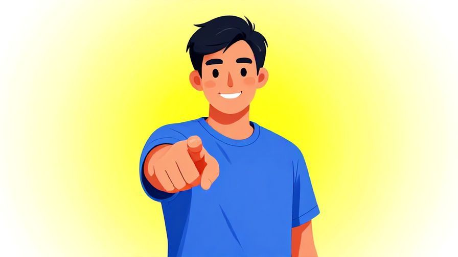 Illustration of a person pointing directly forward with a confident smile, bright background, vibrant colors, illustrated style