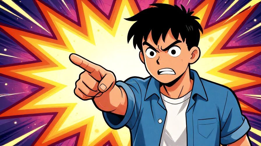 Illustration of a person pointing dramatically with a playful fierce expression, comic-style explosion background, vibrant colors, illustrated style