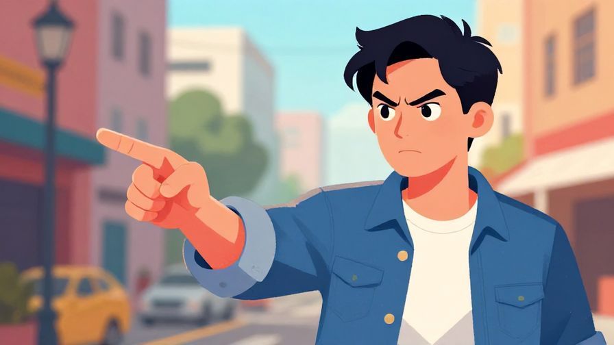 Illustration of a person pointing firmly to the side with an angry expression, casual urban background, vibrant colors, illustrated style