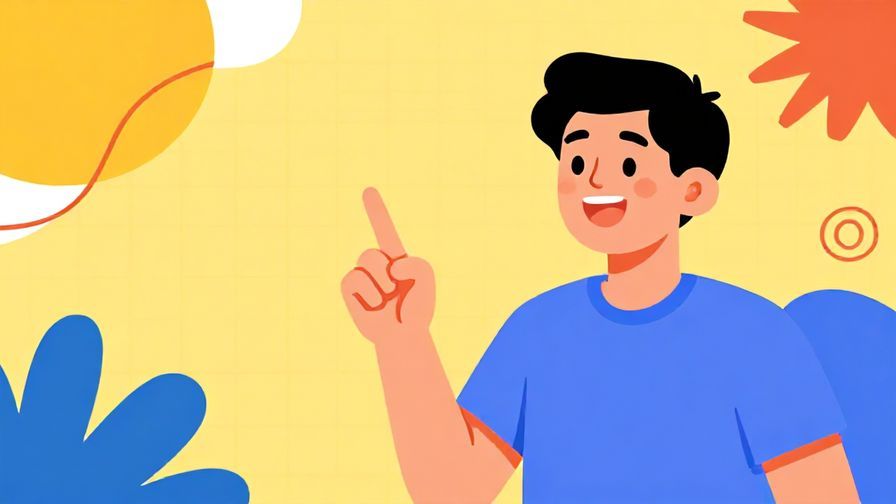 Illustration of a person pointing happily to an object or idea, colorful and lively background