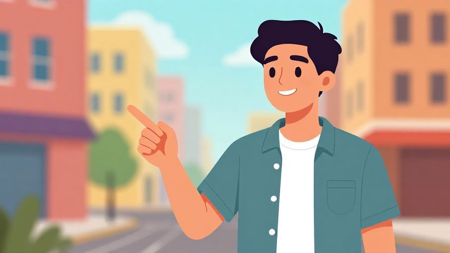 Illustration of a person pointing out something odd with a casual, friendly smile, colorful urban background
