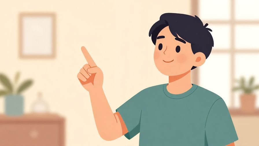 Illustration of a person pointing to an imaginary object in the air with a thoughtful smile, soft indoor background