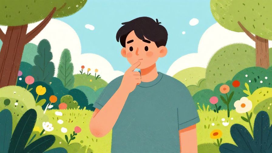 Illustration of a person pointing to their mouth with a thoughtful expression, standing in a sunny garden, vibrant colors, illustrated style