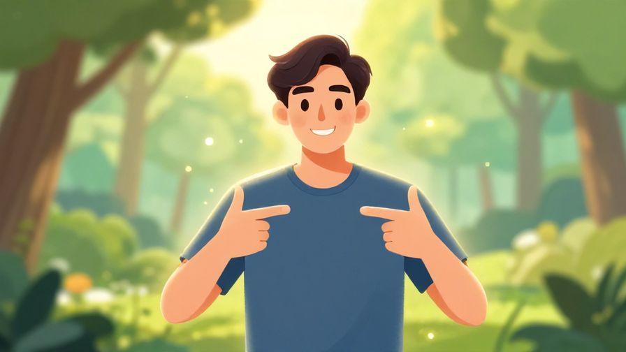 Illustration of a person pointing to themselves with a confident smile, surrounded by soft glowing light, vibrant natural background