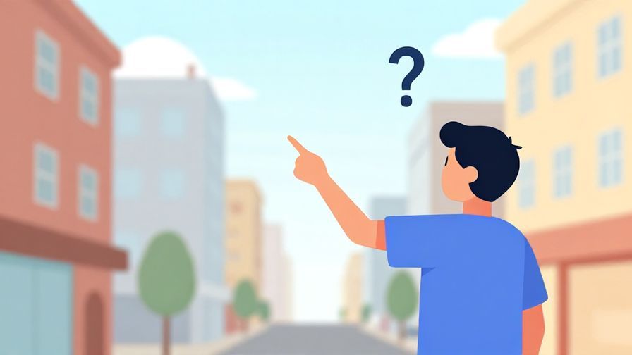 Illustration of a person pointing toward a distant landmark with a question mark overhead, urban background with shops and streets