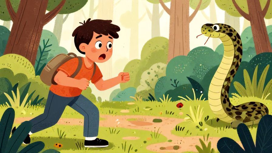 Illustration of a person poking a bush and a snake suddenly appearing, with a startled expression, detailed background, vibrant colors, illustrated style