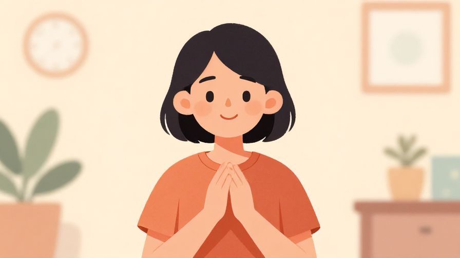 Illustration of a person politely asking a question with a gentle smile, indoors with soft pastel background, vibrant colors