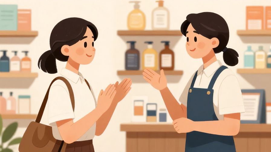 Illustration of a person politely asking a shop clerk, both smiling slightly, in a bright store setting, detailed background, illustrated style