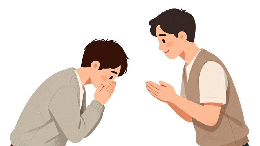 Illustration of a person politely asking with a gentle smile and slightly bowed head, soft background, illustrated style