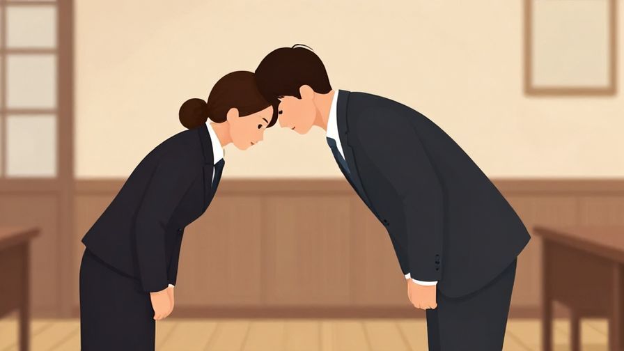 Illustration of a person politely bowing in a quiet room, soft lighting, formal atmosphere