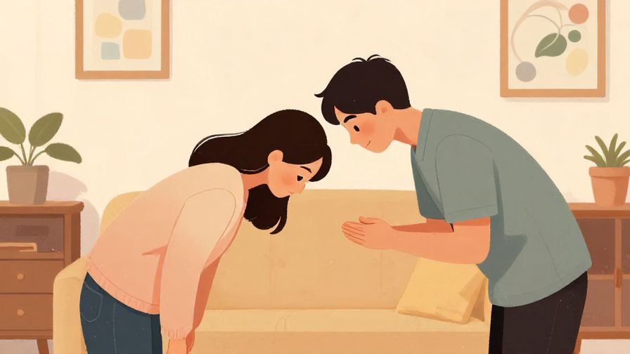 Illustration of a person politely bowing while saying goodbye in a home setting, warm colors, detailed background, illustrated style