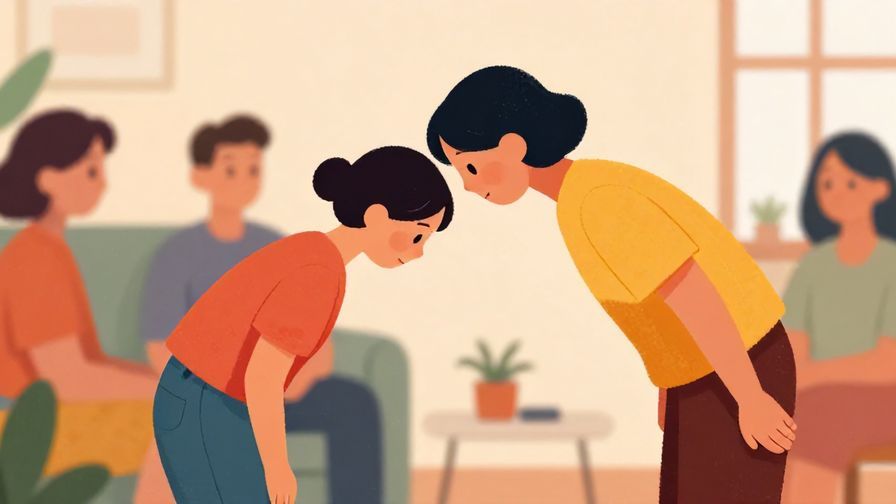 Illustration of a person politely bowing while standing up from a casual gathering, soft indoor lighting, cozy room background, vibrant colors, illustrated style