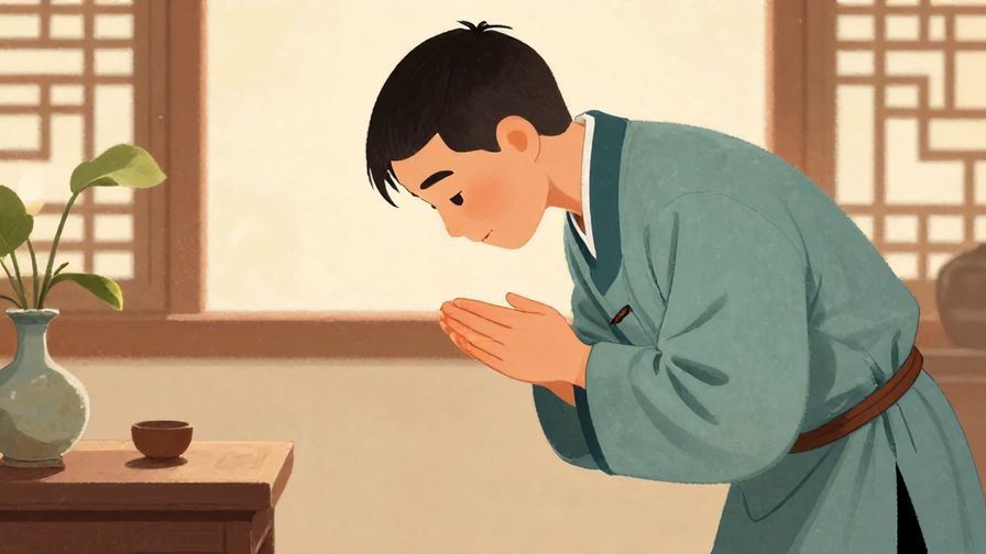 Illustration of a person politely bowing with a humble expression in a traditional setting, soft lighting, detailed background, vibrant colors, illustrated style