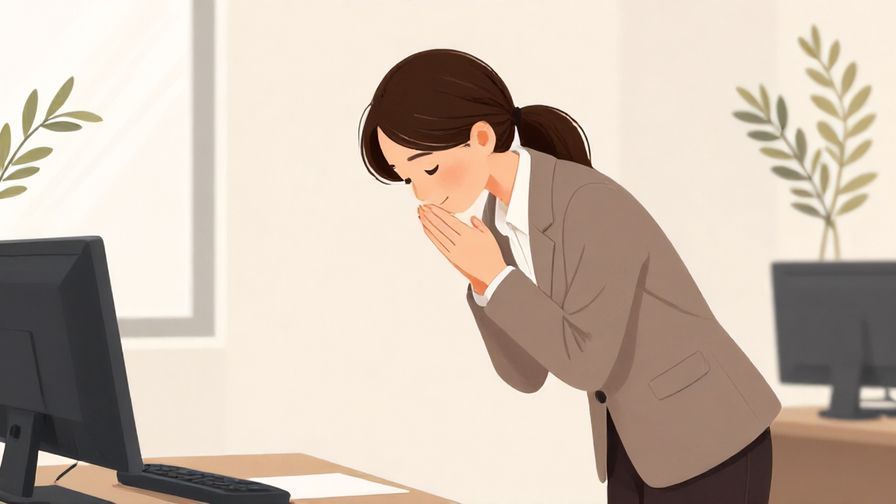 Illustration of a person politely bowing with a soft, apologetic smile in a neat office setting with gentle waves and olive branches in the background