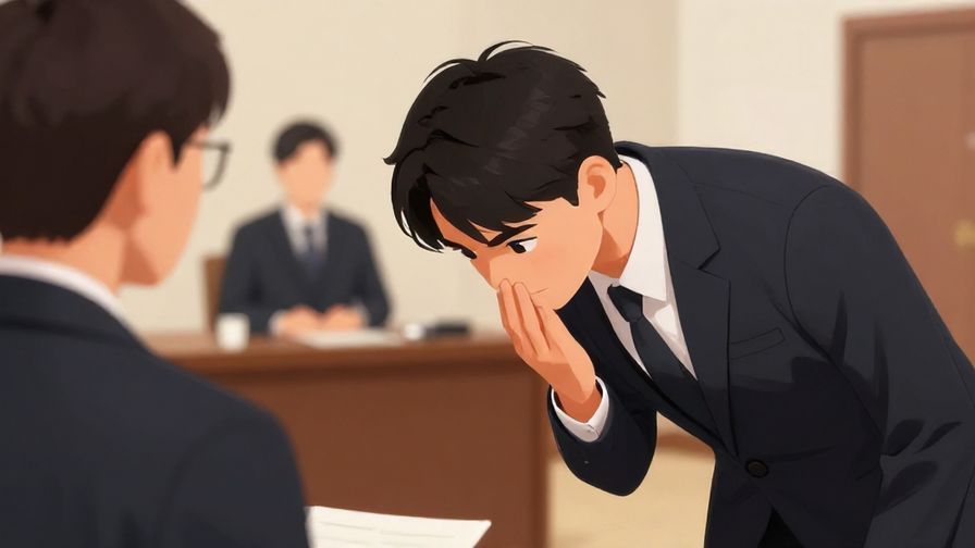 Illustration of a person politely bowing with determination in their eyes, formal interview room background