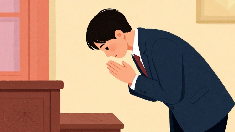 Illustration of a person politely bowing with hands together in a quiet, formal room, vibrant colors, illustrated style