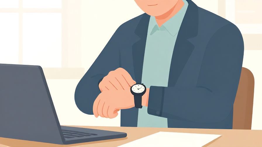 Illustration of a person politely checking their watch, soft office environment, calm colors