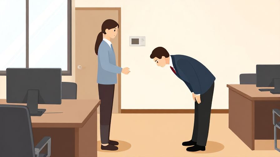 Illustration of a person politely entering a room with a slight bow in an office or home setting