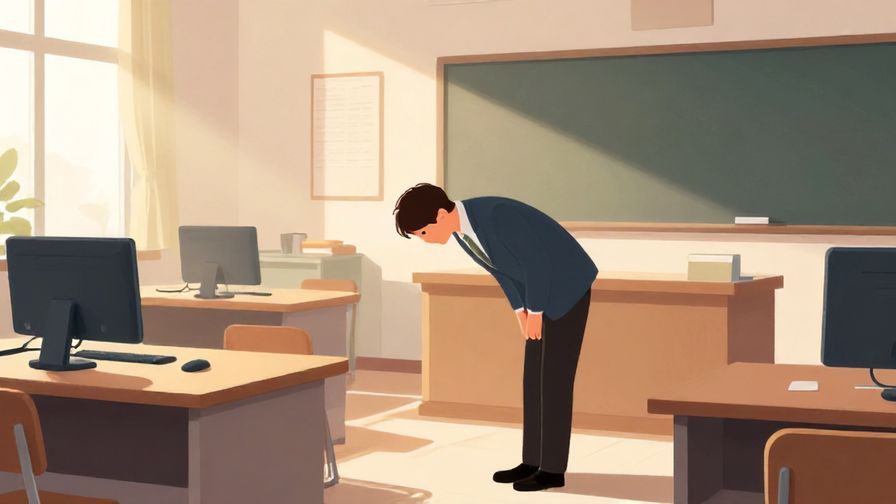Illustration of a person politely entering an office or classroom, bowing slightly, morning light streaming in
