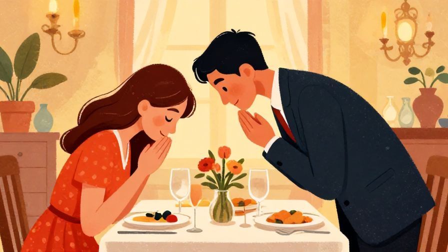 Illustration of a person politely excusing themselves at a formal dinner with respectful bowing, detailed background with elegant table setting, warm lighting, vibrant colors, illustrated style