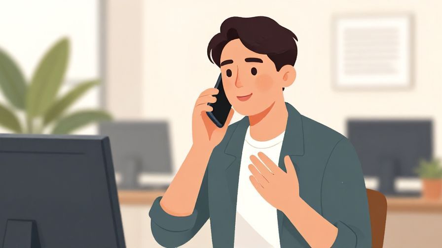 Illustration of a person politely holding a phone, speaking calmly with a gentle smile, office background with plants