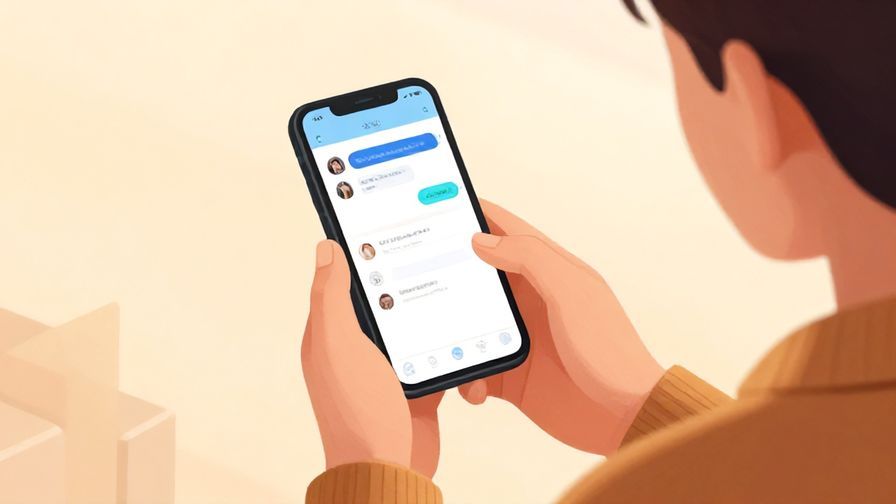 Illustration of a person politely holding a smartphone, waiting for a message, warm colors, illustrated style