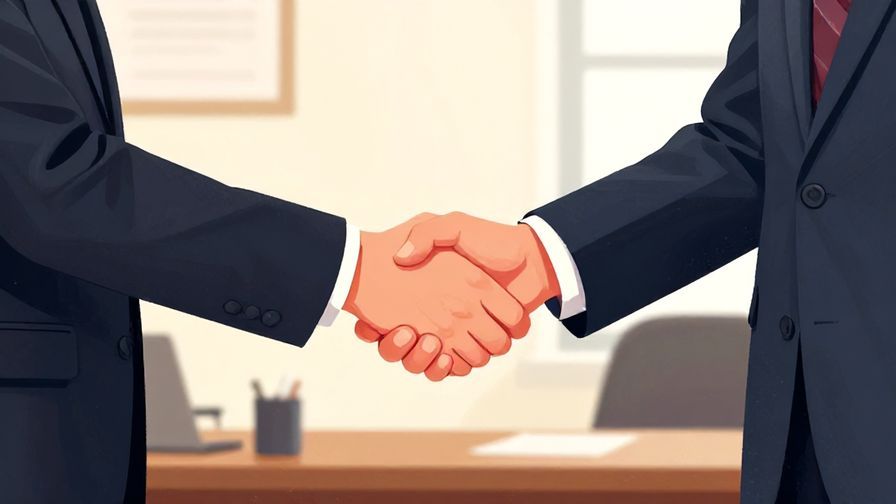 Illustration of a person politely holding out a hand to shake, formal office environment, vibrant colors, illustrated style
