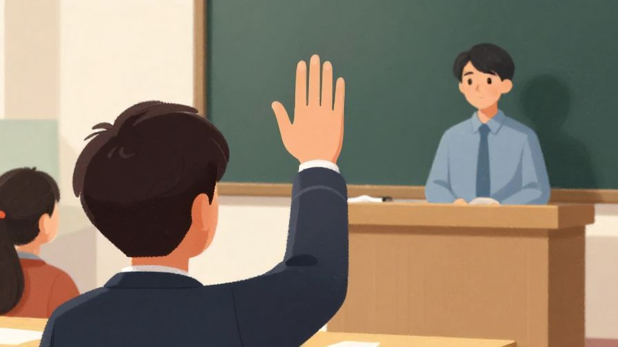 Illustration of a person politely raising a hand in a seminar, calm and respectful atmosphere