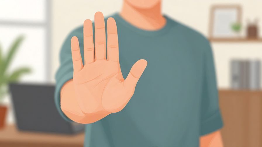 Illustration of a person politely raising a hand to signal stop, soft office or home background, natural colors, illustrated style