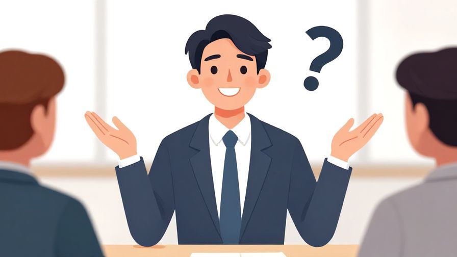 Illustration of a person politely raising a hand with a questioning smile, professional setting