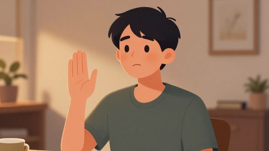 Illustration of a person politely raising a hand with a hopeful expression, inside a cozy home setting with soft lighting