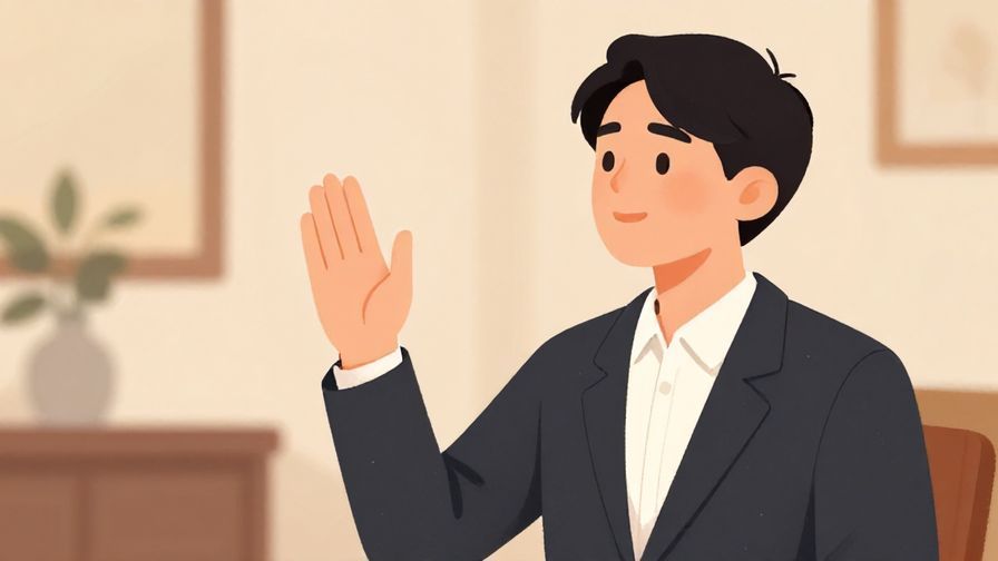 Illustration of a person politely raising a hand while speaking thoughtfully, formal indoor setting with warm tones