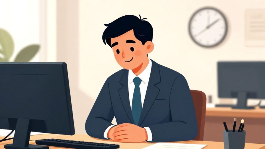 Illustration of a person politely smiling and nodding with hands folded in front, in a formal office environment, vibrant colors, illustrated style