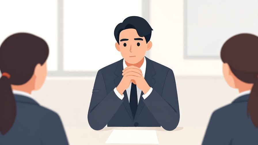 Illustration of a person politely speaking during a formal discussion, hands folded, thoughtful expression, clean modern room