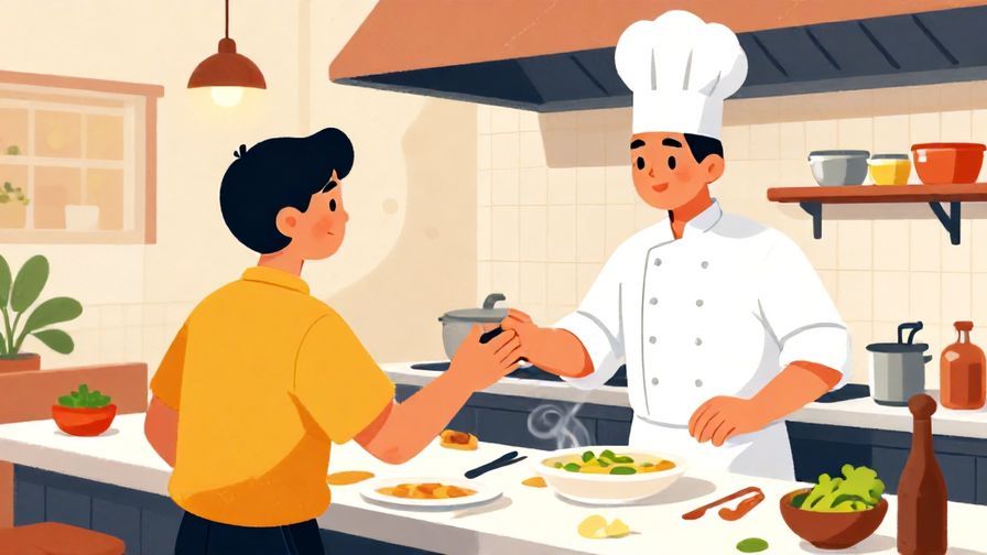 Illustration of a person politely thanking a chef in a restaurant kitchen, vibrant colors, respectful interaction, illustrated style