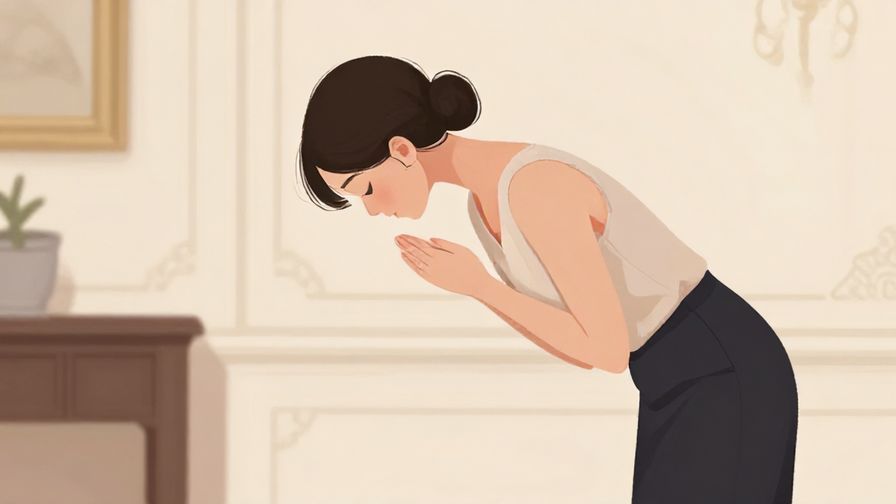 Illustration of a person politely turning away with a bow, an elegant indoor setting with soft lighting, illustrated style