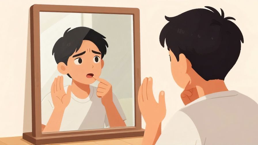 Illustration of a person practicing speaking in front of a mirror, looking determined and slightly playful