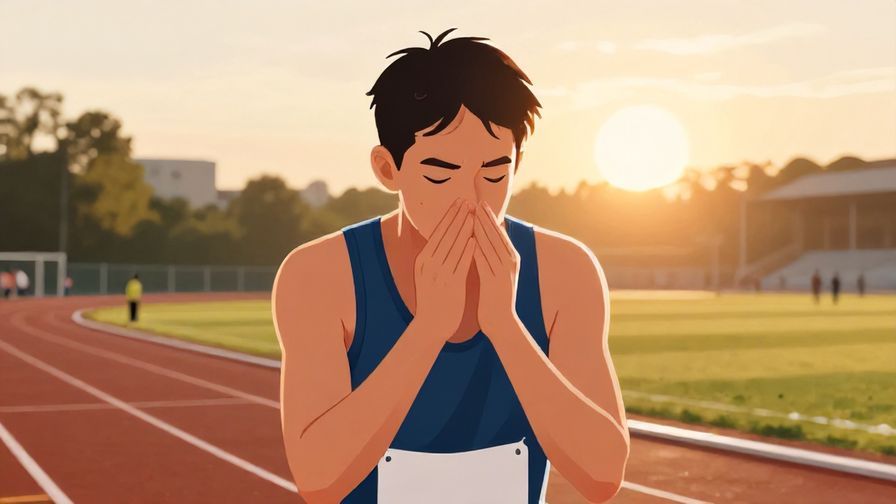 Illustration of a person preparing for a race, taking a deep breath with focused expression, sunrise track background
