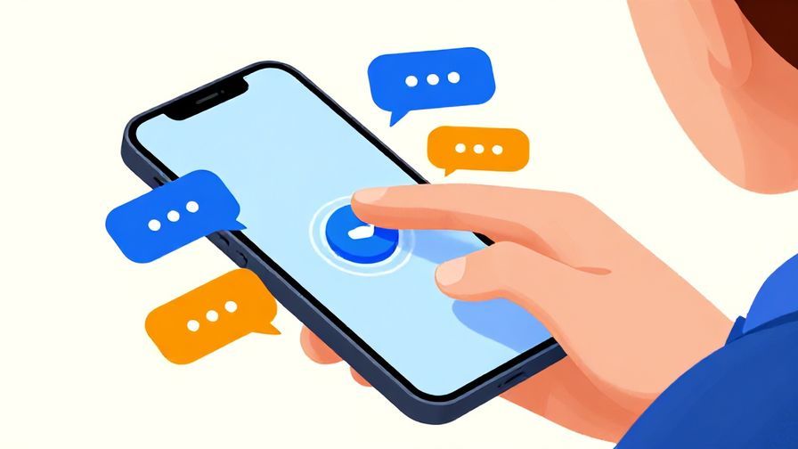 Illustration of a person pressing a send button on a smartphone with animated message bubbles, vibrant colors, illustrated style