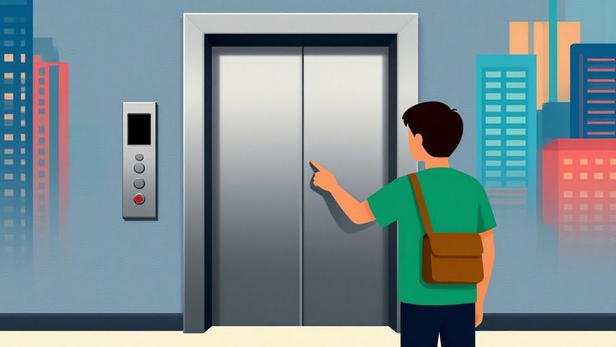 Illustration of a person pressing an elevator button just as the doors start to close, vibrant city background