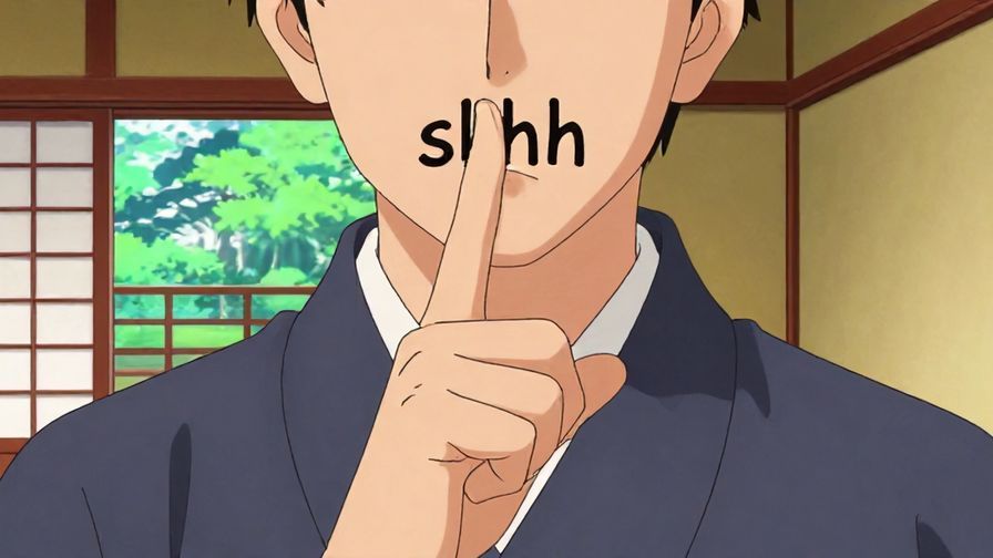 Illustration of a person pressing their finger to their lips in a “shhh” gesture, with a traditional Japanese room background, vibrant colors, illustrated style