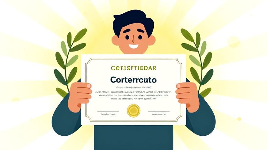 Illustration of a person proudly holding a certificate with a bright background of sun rays and olive branches