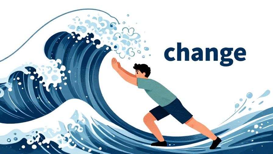 Illustration of a person pushing back against a large wave labeled as “change,” with a determined but resistant expression