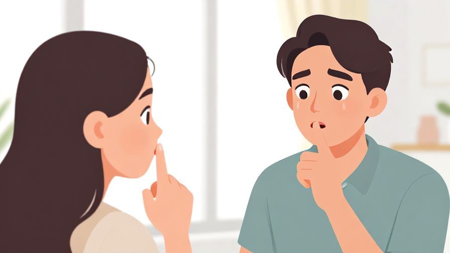 Illustration of a person putting a finger to their lips while another looks surprised, bright indoor scene