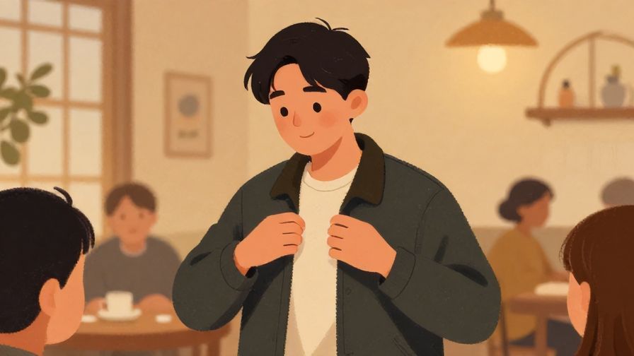 Illustration of a person putting on a jacket and smiling softly, preparing to leave a cozy indoor gathering, warm lighting, detailed background, illustrated style